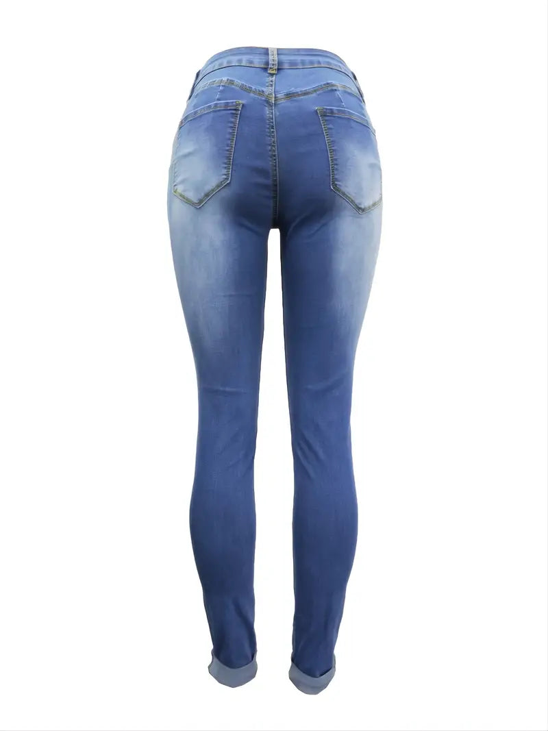 Stylish Blue Distressed Ripped Denim Skinny Pants