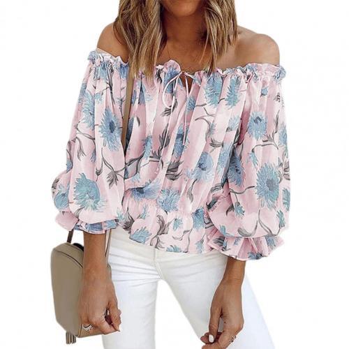 2023 Women's Off-Shoulder Chiffon Print Long Sleeve Top