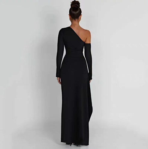 Knitted One-Shoulder Long Sleeve Split Dress for Women