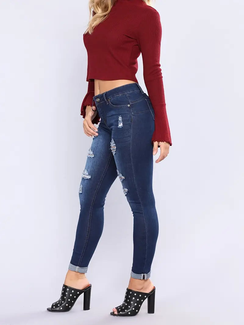 Stylish Blue Distressed Ripped Denim Skinny Pants