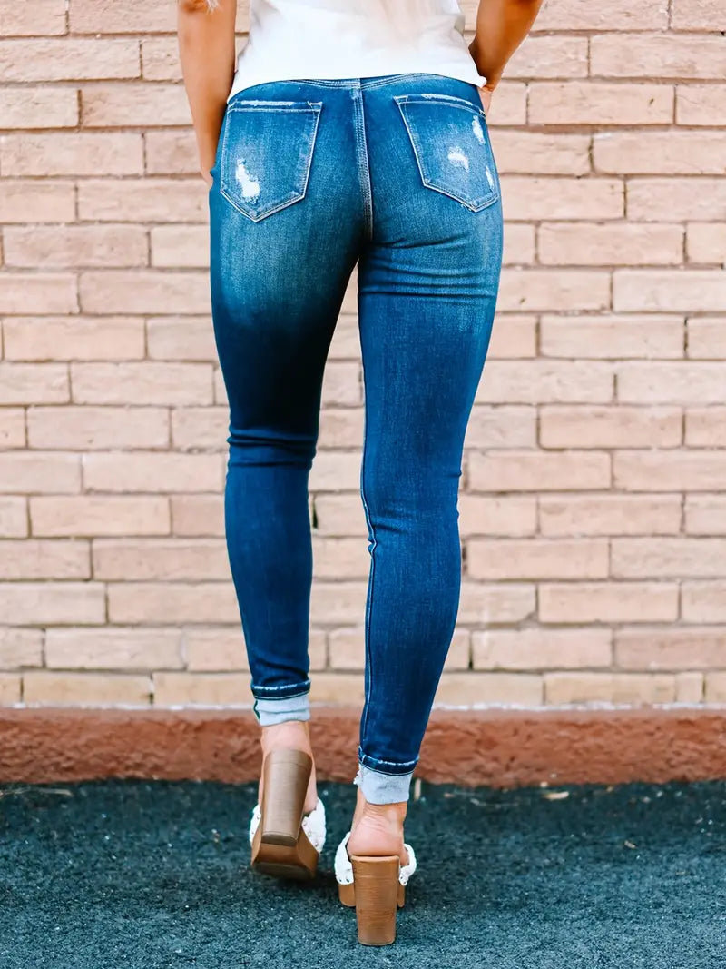 Blue Ripped Skinny Jeans with Distressed Slash Pockets