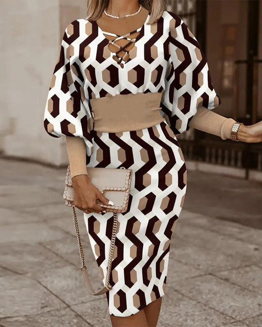 Elegant Women's V-Neck Long Sleeve Pencil Dress