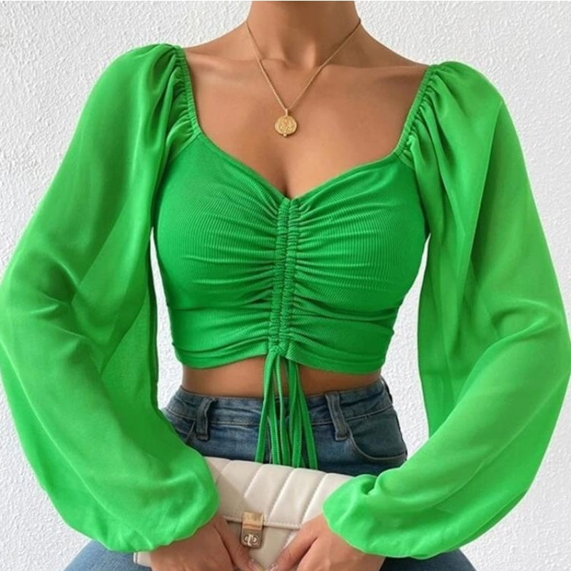 V-Neck Chiffon Lantern Sleeve Fashion Shirt