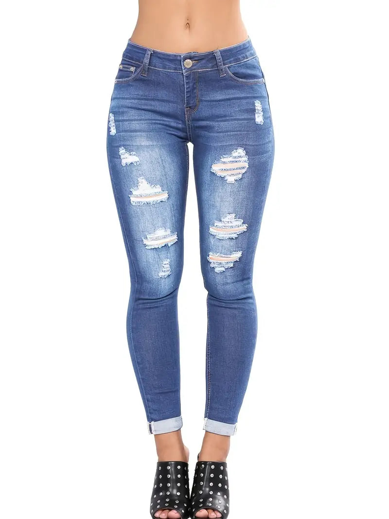 Stylish Blue Distressed Ripped Denim Skinny Pants