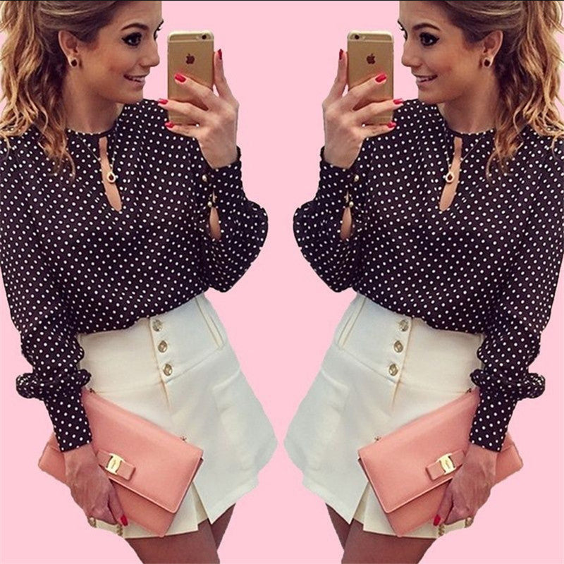 Black Polka Dot Chiffon Long Sleeve Women's Shirt