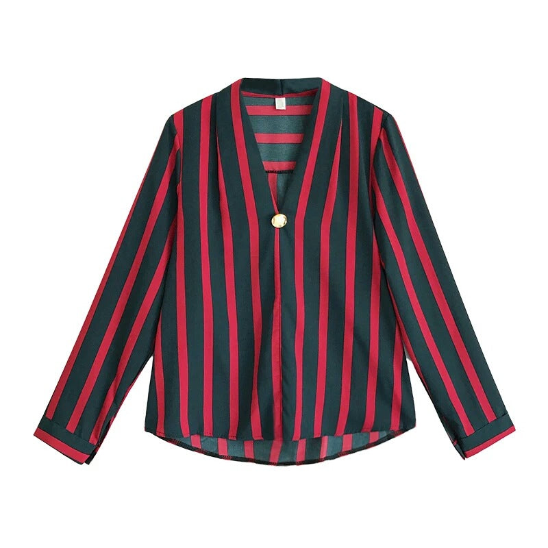 Women's V-neck Long Sleeve Striped Chiffon Shirt