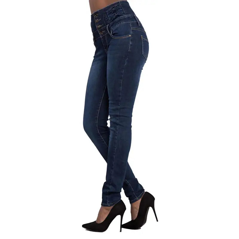 High Waist Dark Blue Skinny Jeans with Slash Pockets