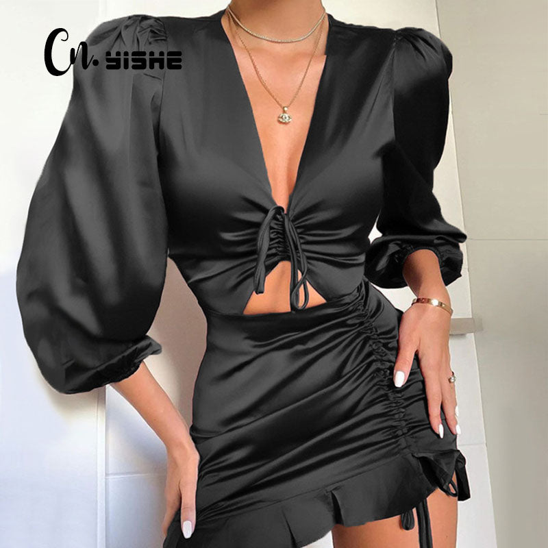 CNYISHE Women's Satin Deep V-neck Mini Party Dress