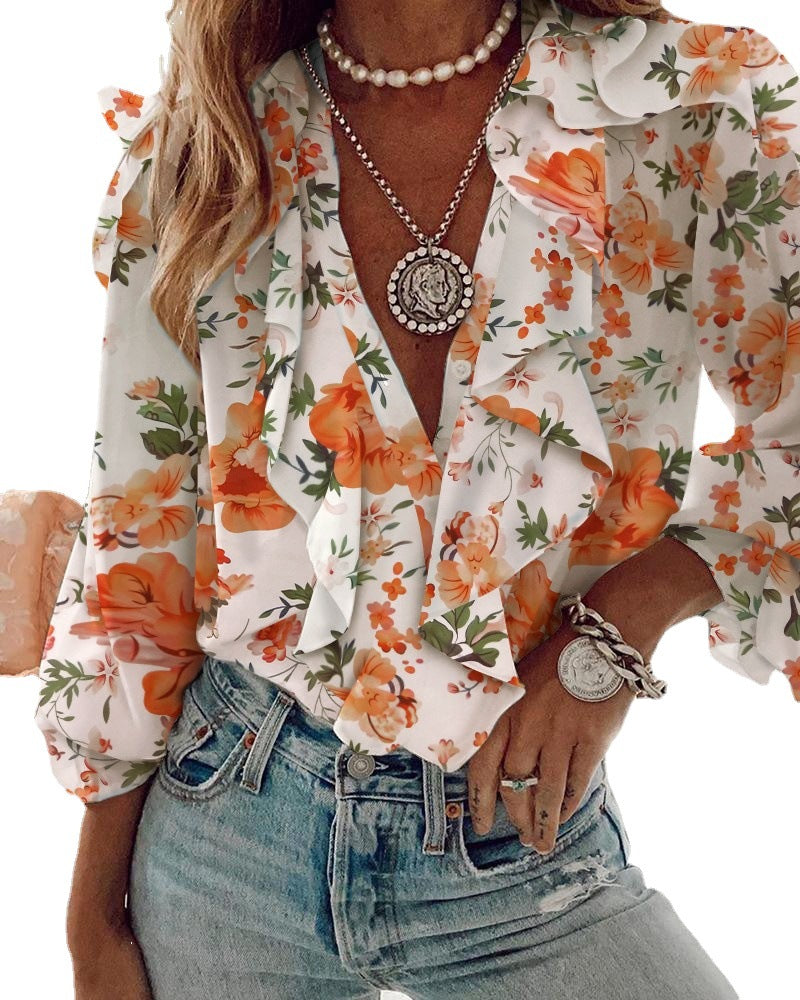 Chiffon V-Neck Long Sleeve Shirt for Women