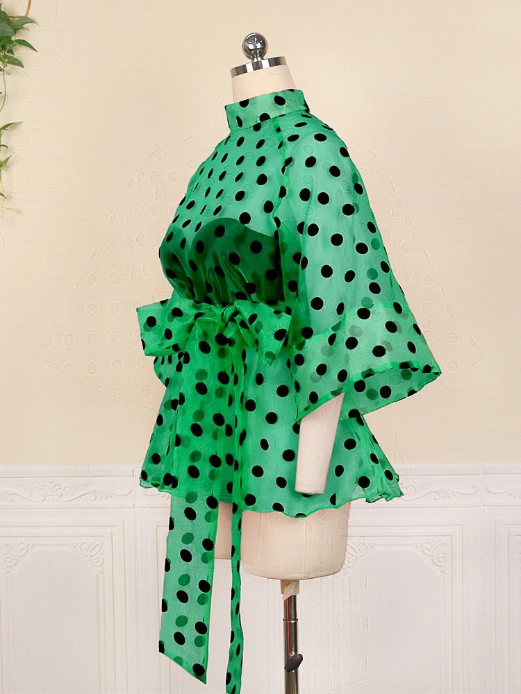 Women's White Polka Dot Peplum Blouse with Belt