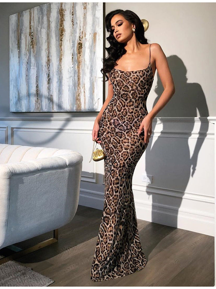 Women's Leopard Print Maxi Dress with Spaghetti Straps