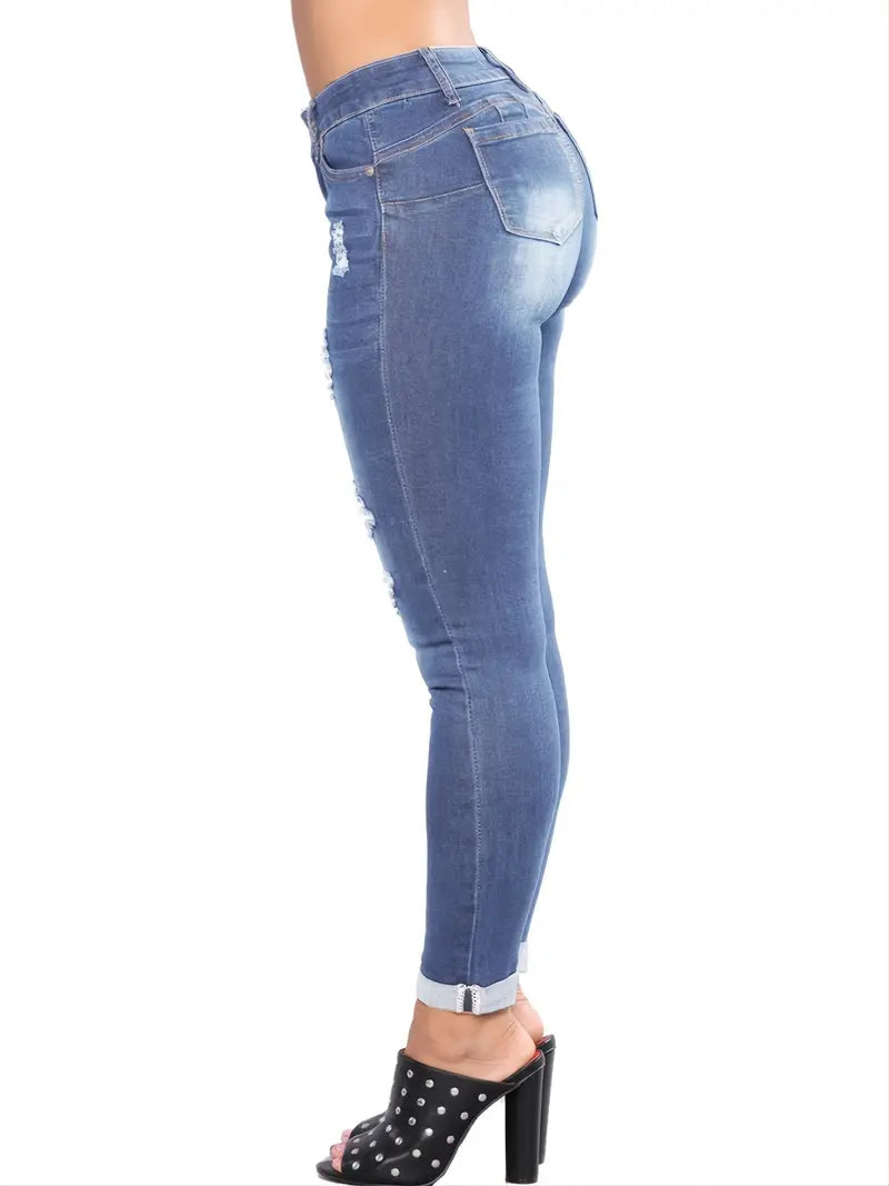 Stylish Blue Distressed Ripped Denim Skinny Pants