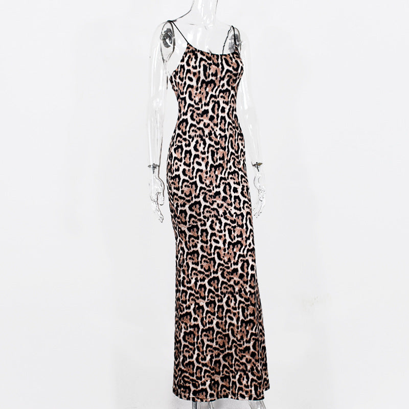 Women's Leopard Print Maxi Dress with Spaghetti Straps