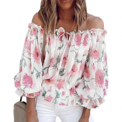 2023 Women's Off-Shoulder Chiffon Print Long Sleeve Top