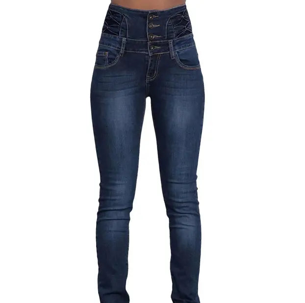 High Waist Dark Blue Skinny Jeans with Slash Pockets