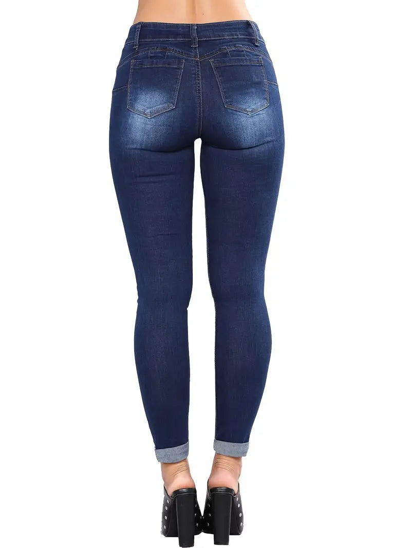Stylish Blue Distressed Ripped Denim Skinny Pants