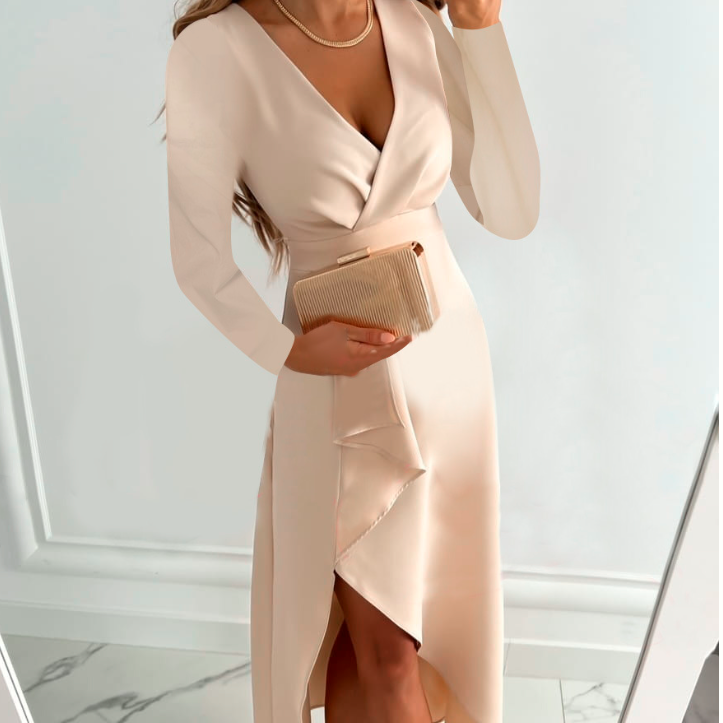 Women's Long-sleeved V-neck Pleated Split Dress
