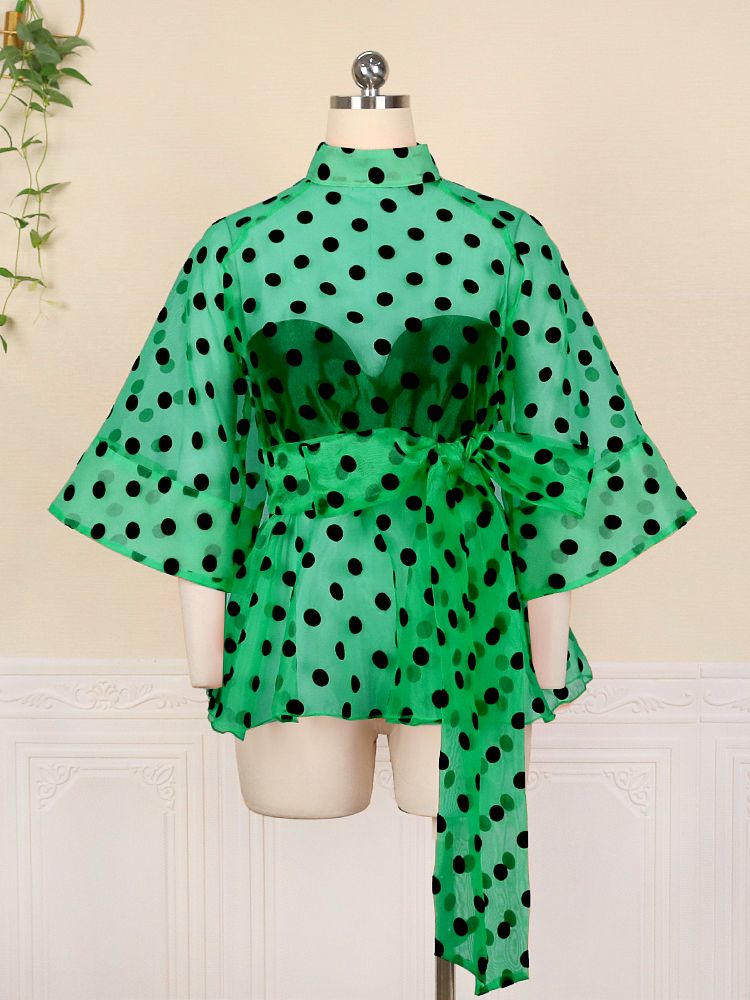 Women's White Polka Dot Peplum Blouse with Belt