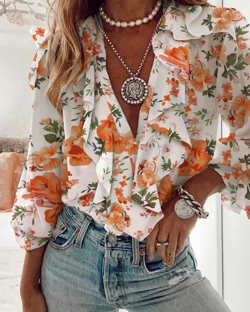 Chiffon V-Neck Long Sleeve Shirt for Women