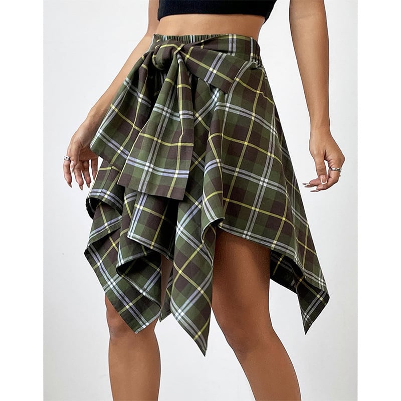 High Waist Irregular Plaid Skirt for Women