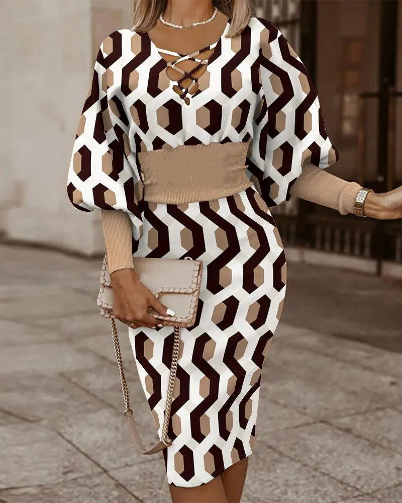 Elegant Women's V-Neck Long Sleeve Pencil Dress