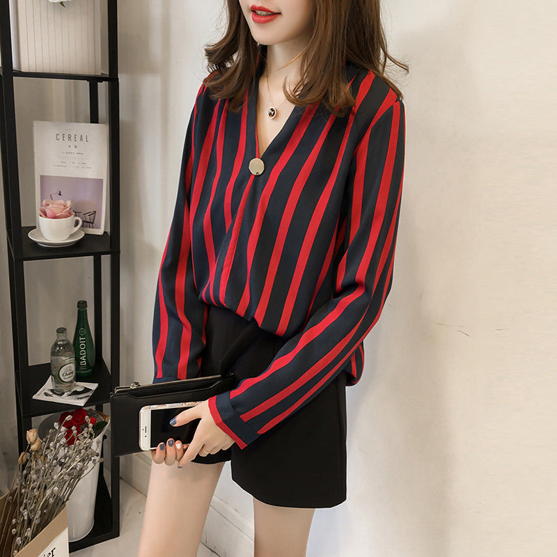 Women's V-neck Long Sleeve Striped Chiffon Shirt