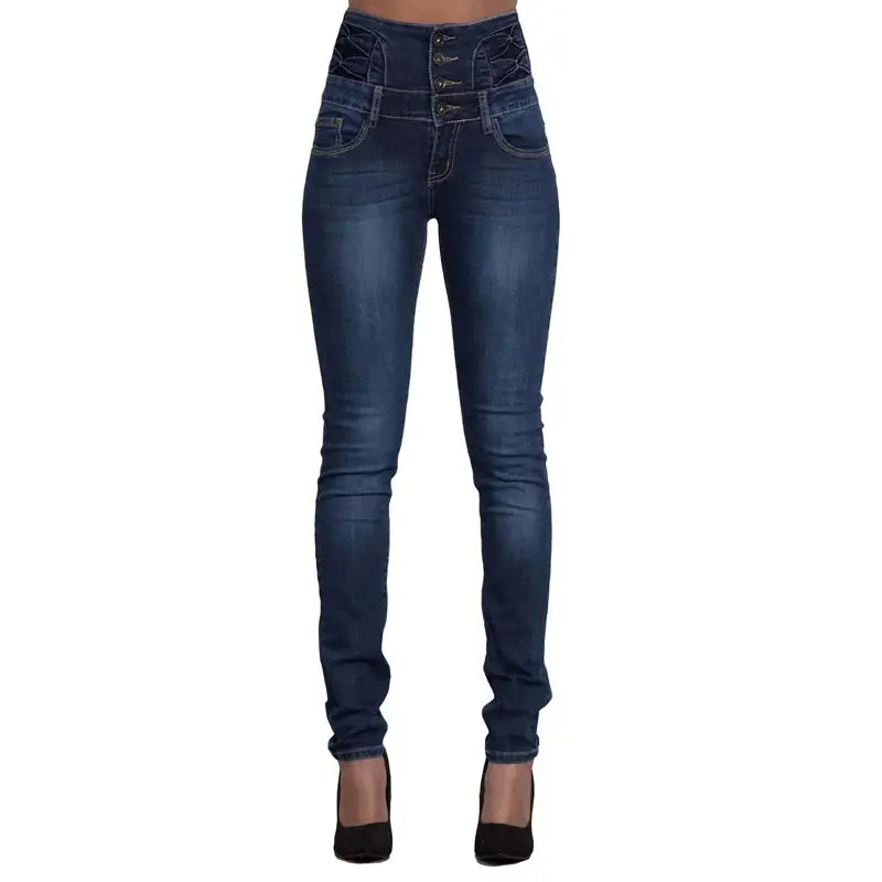 High Waist Dark Blue Skinny Jeans with Slash Pockets