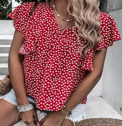 Polka Dot Ruffle Top & Bohemian Floral Print T-shirt