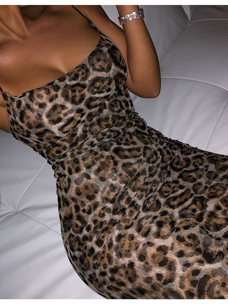 Women's Leopard Print Maxi Dress with Spaghetti Straps