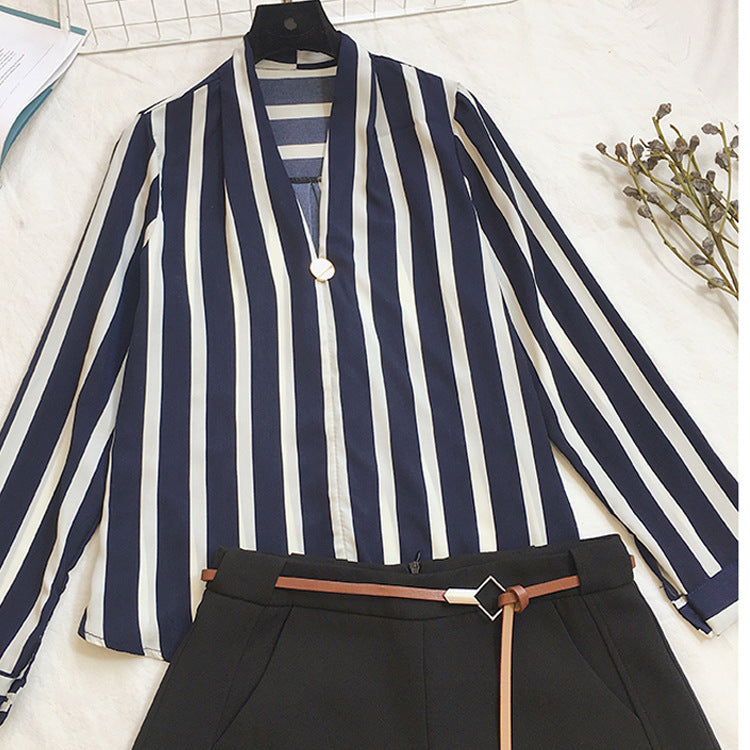 Women's V-neck Long Sleeve Striped Chiffon Shirt