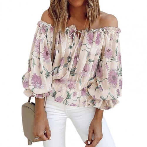 2023 Women's Off-Shoulder Chiffon Print Long Sleeve Top