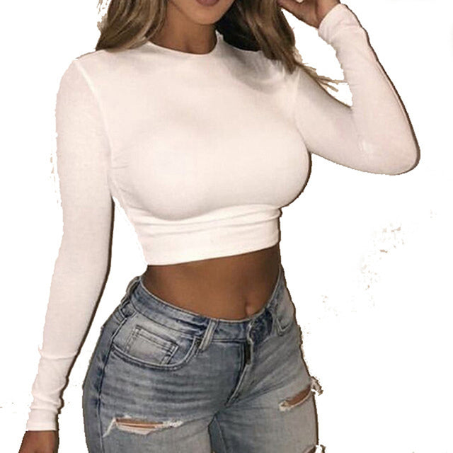 Autumn Women's Long Sleeve O-neck Crop Top T-shirt