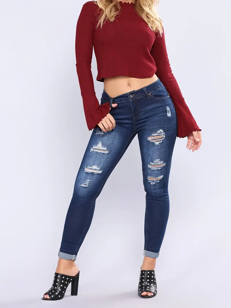 Stylish Blue Distressed Ripped Denim Skinny Pants