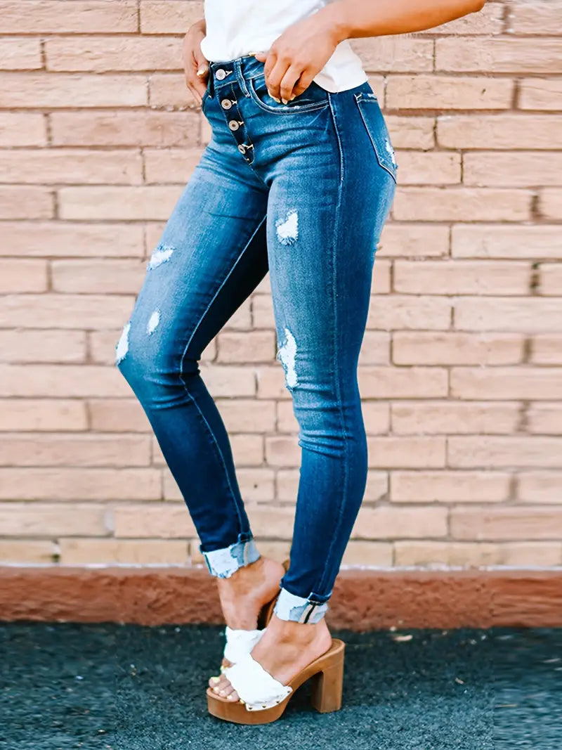 Blue Ripped Skinny Jeans with Distressed Slash Pockets