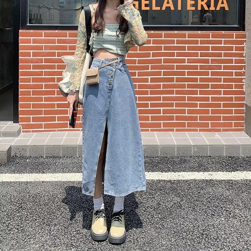 High Waist A-Line Mid-Length Denim Skirt for Women