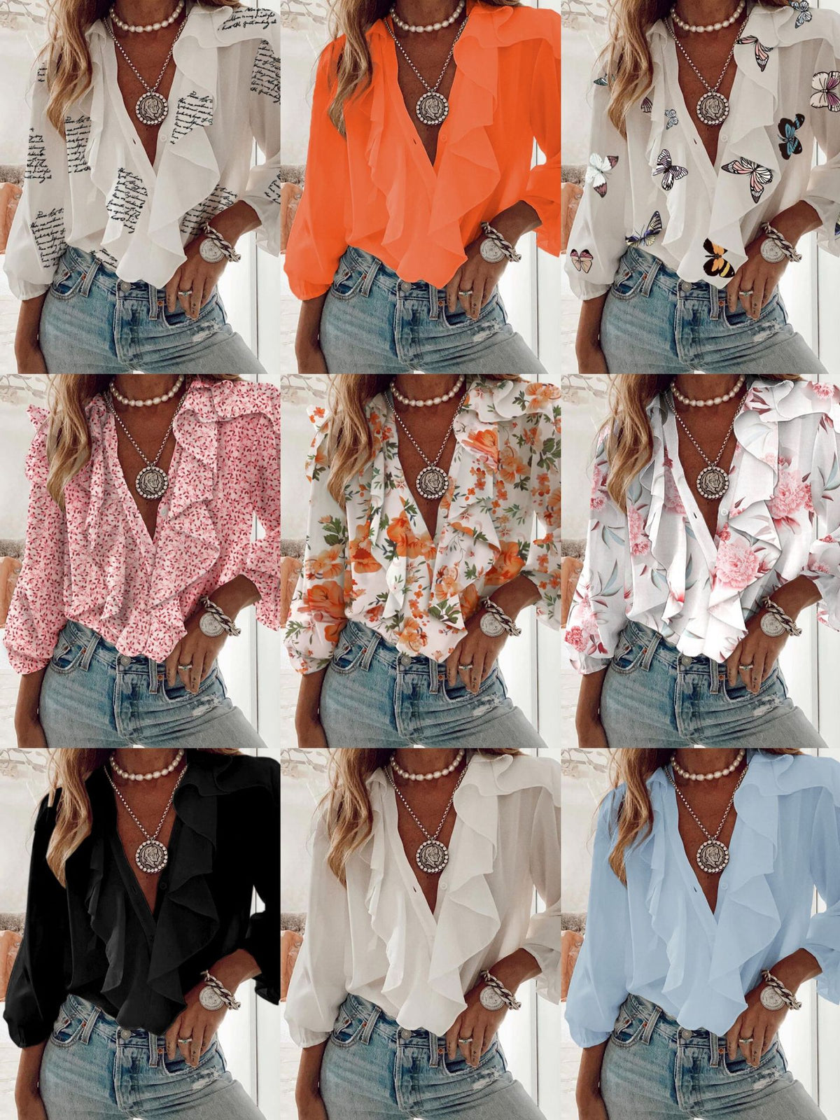 Chiffon V-Neck Long Sleeve Shirt for Women