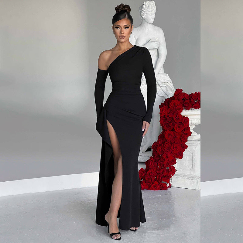 Knitted One-Shoulder Long Sleeve Split Dress for Women