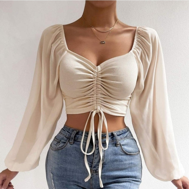 V-Neck Chiffon Lantern Sleeve Fashion Shirt