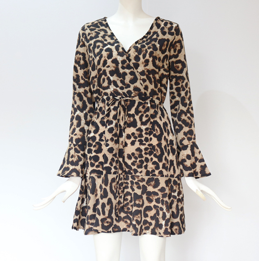 Leopard Print V-Neck High Waist Chiffon Dress