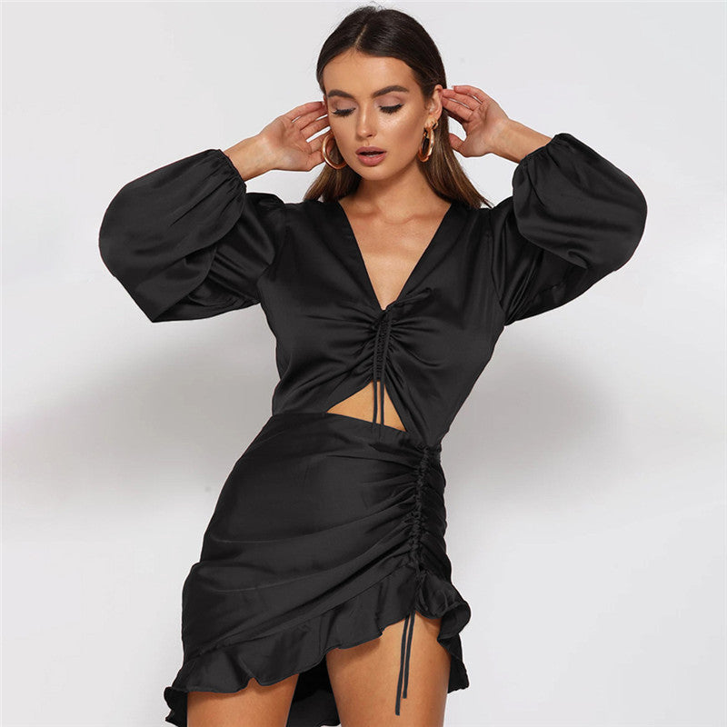 CNYISHE Women's Satin Deep V-neck Mini Party Dress