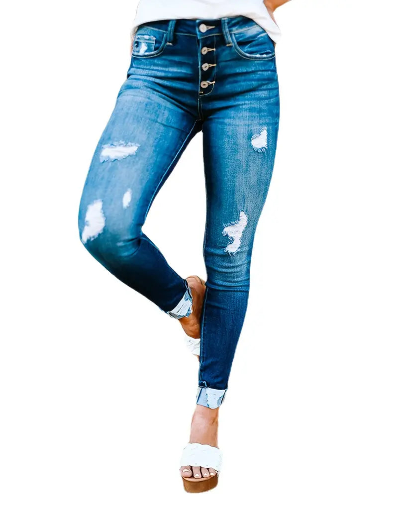 Blue Ripped Skinny Jeans with Distressed Slash Pockets