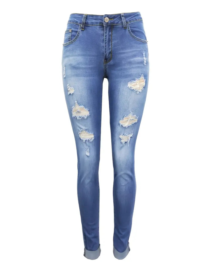Stylish Blue Distressed Ripped Denim Skinny Pants