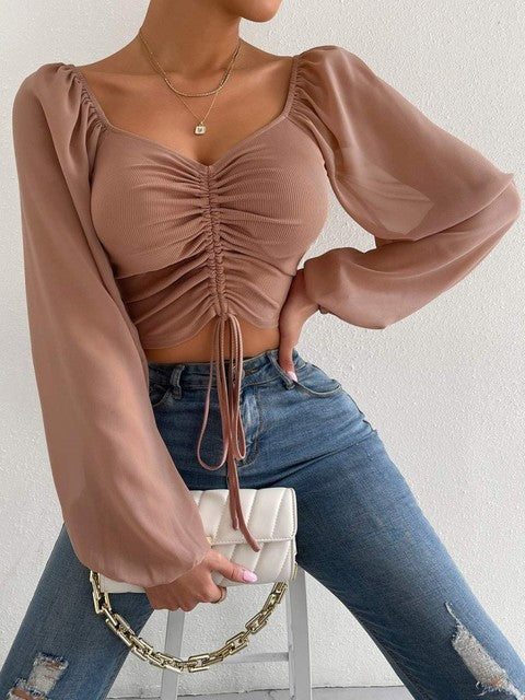V-Neck Chiffon Lantern Sleeve Fashion Shirt