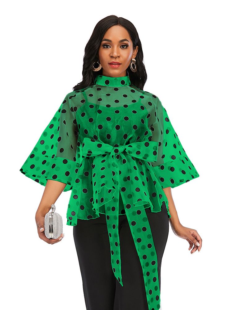 Women's White Polka Dot Peplum Blouse with Belt