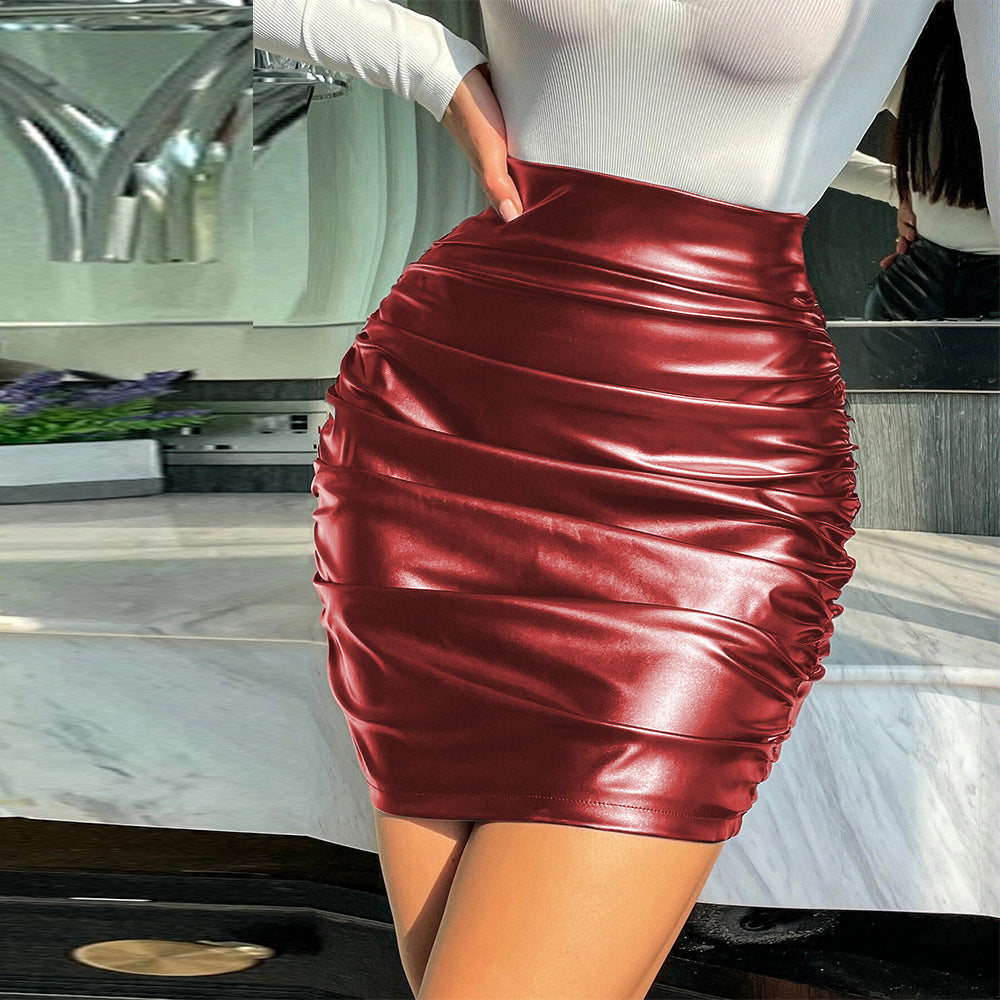 Bright Color High Waist Pleated PU Leather Skirt