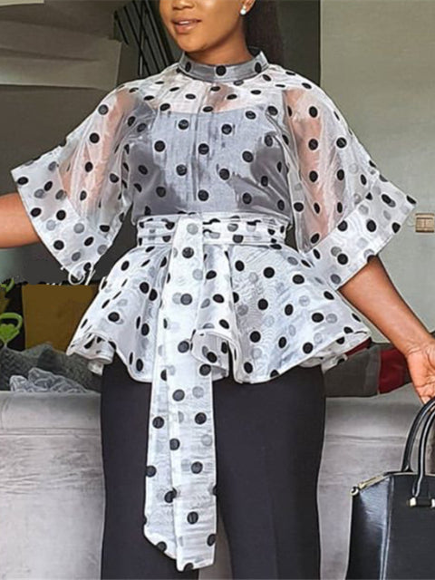 Women's White Polka Dot Peplum Blouse with Belt