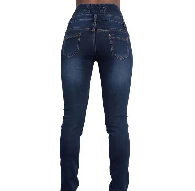 High Waist Dark Blue Skinny Jeans with Slash Pockets