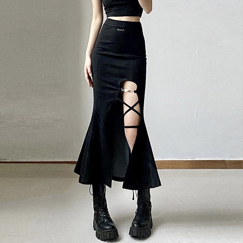 Black High Waist Women's Hollow Out Fishtail Skirt