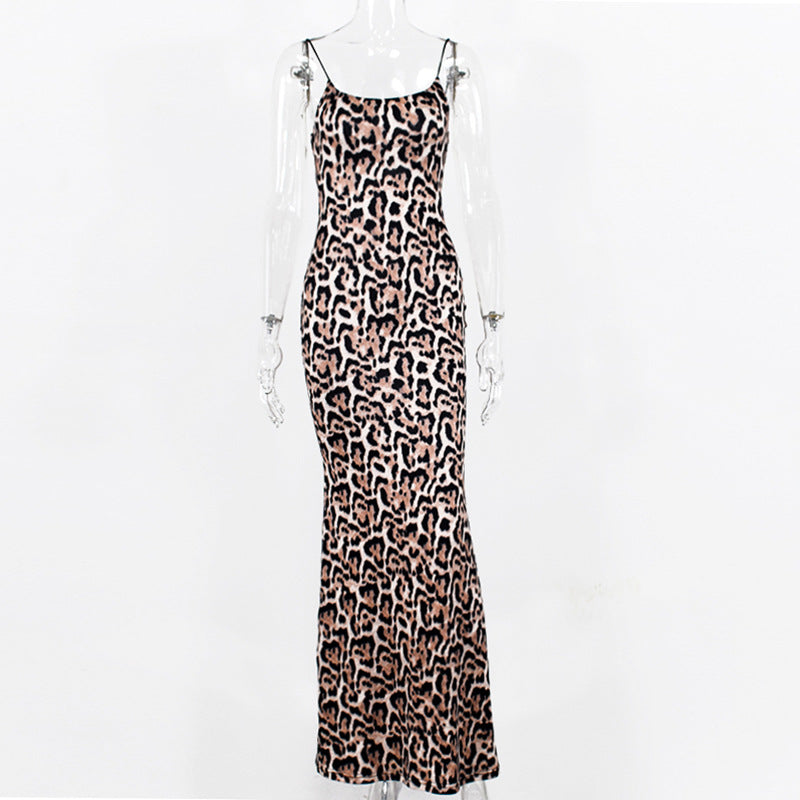 Women's Leopard Print Maxi Dress with Spaghetti Straps