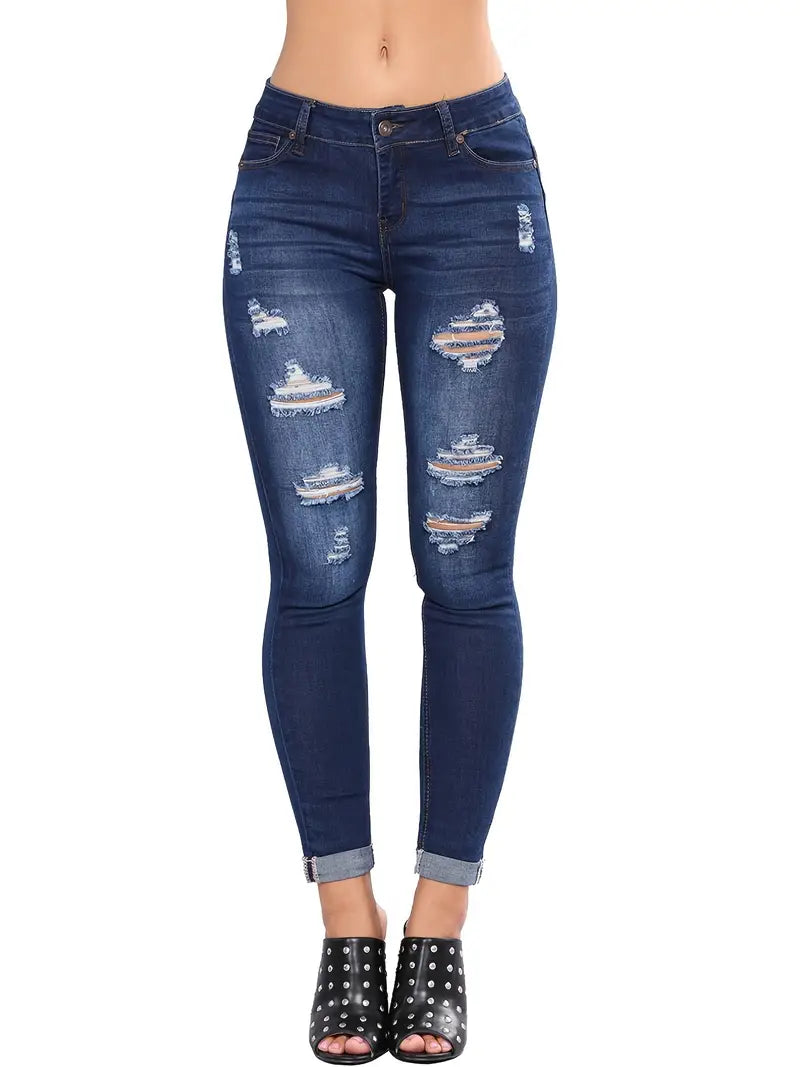 Stylish Blue Distressed Ripped Denim Skinny Pants